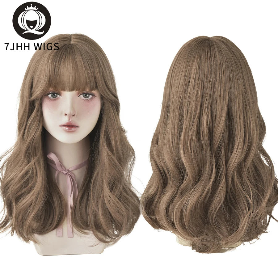 Long Wavy Synthetic Black Wigs For Women With Fringe Fashion Heat Resistant Mid-Length Daily Straight Light Brown Hair