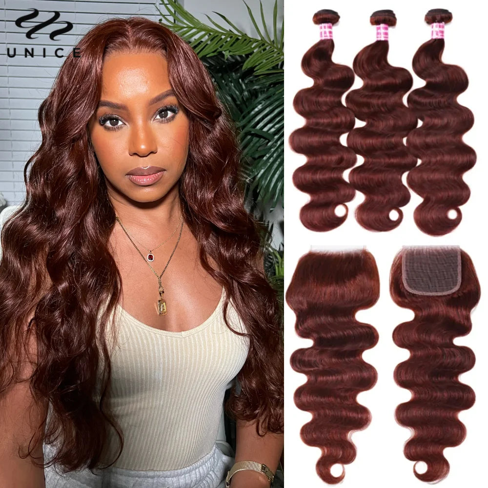 Reddish Brown Body Wave Human Hair Bundles With Closure 100% Human Hair 3/4 Bundles with 4x4 Lace Closure 250% Lace Wig