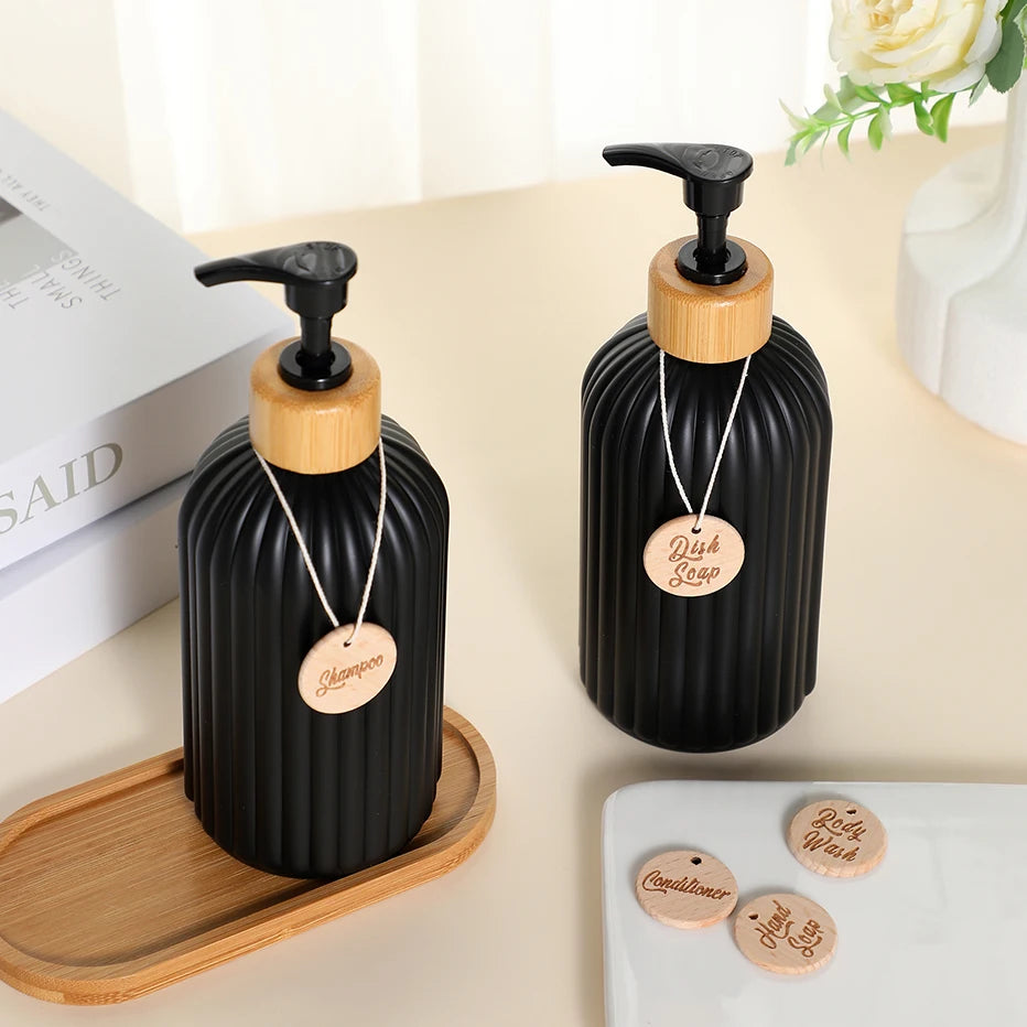 Strip Soap Dispenser with Bamboo Pump Refillable Shampoo Conditioner Hands and Dishes Soap Dispenser Bottle for Kitchen Bathroom