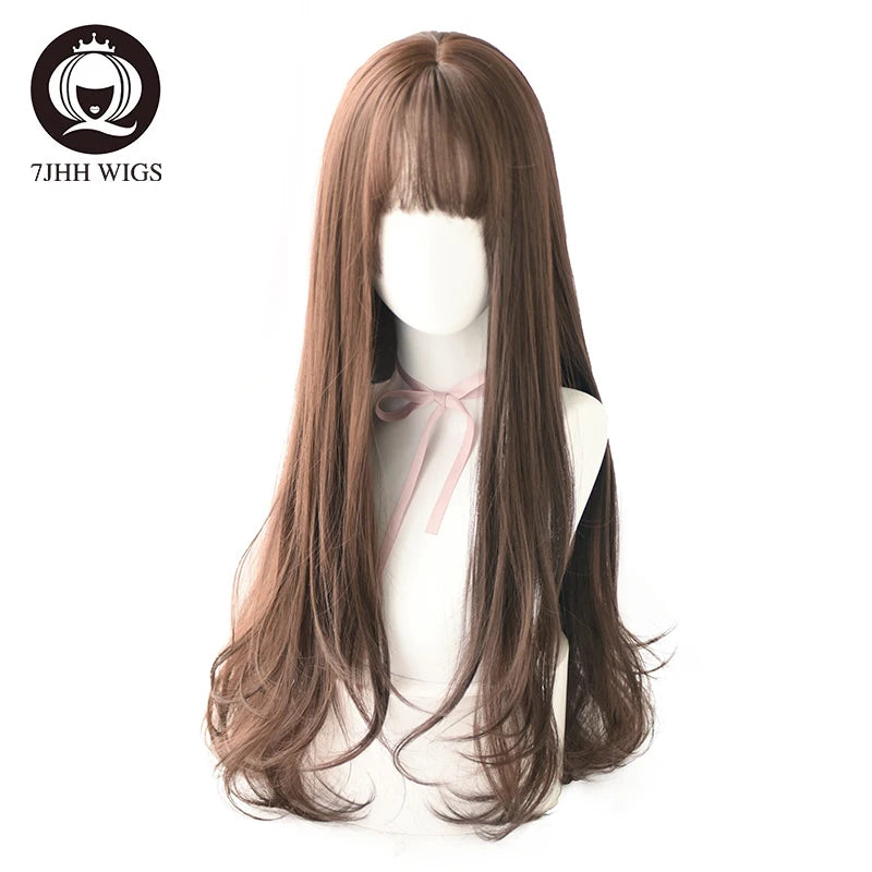 Long Wavy Synthetic Black Wigs For Women With Fringe Fashion Heat Resistant Mid-Length Daily Straight Light Brown Hair