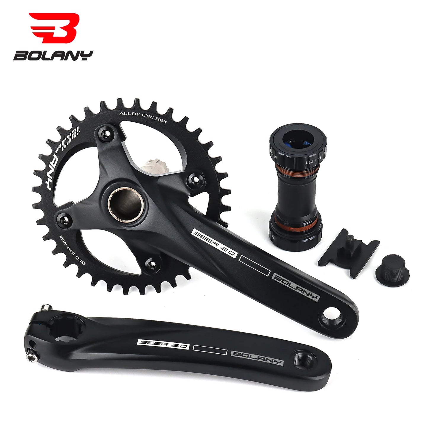 BOLANY Bicycle Crankset 170mm 104BCD Mountain Bike Double Disc Crank with Bottom Bracket 34T 36T 38T Aluminum Alloy Bike Cranks