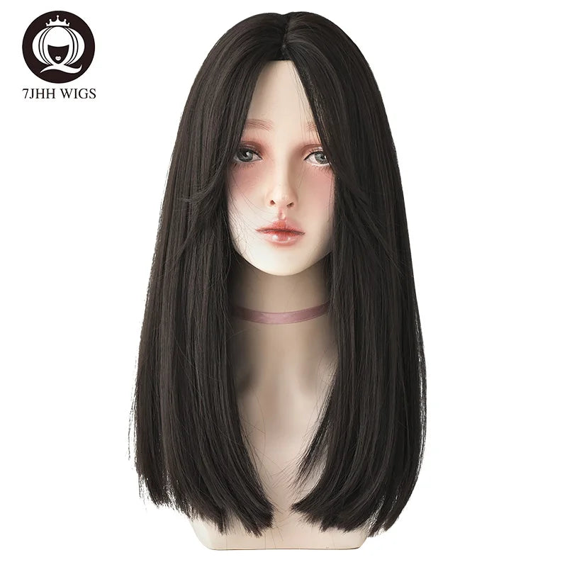 Long Wavy Synthetic Black Wigs For Women With Fringe Fashion Heat Resistant Mid-Length Daily Straight Light Brown Hair