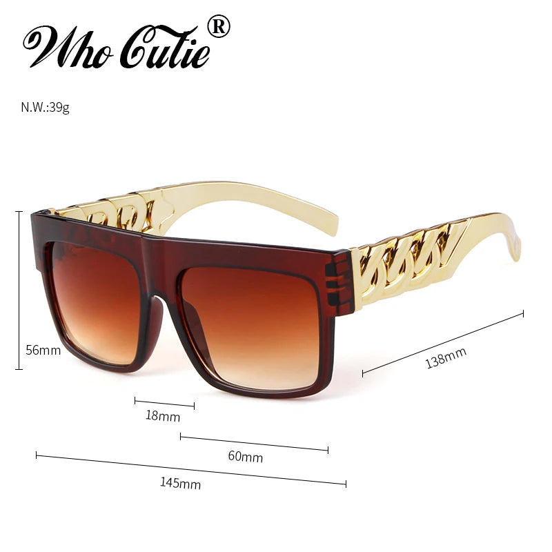 Oversized Sunglasses Men Women Brand Design Flat Top Retro Square Black Sun Glasses Gold Plastic Chain Frame