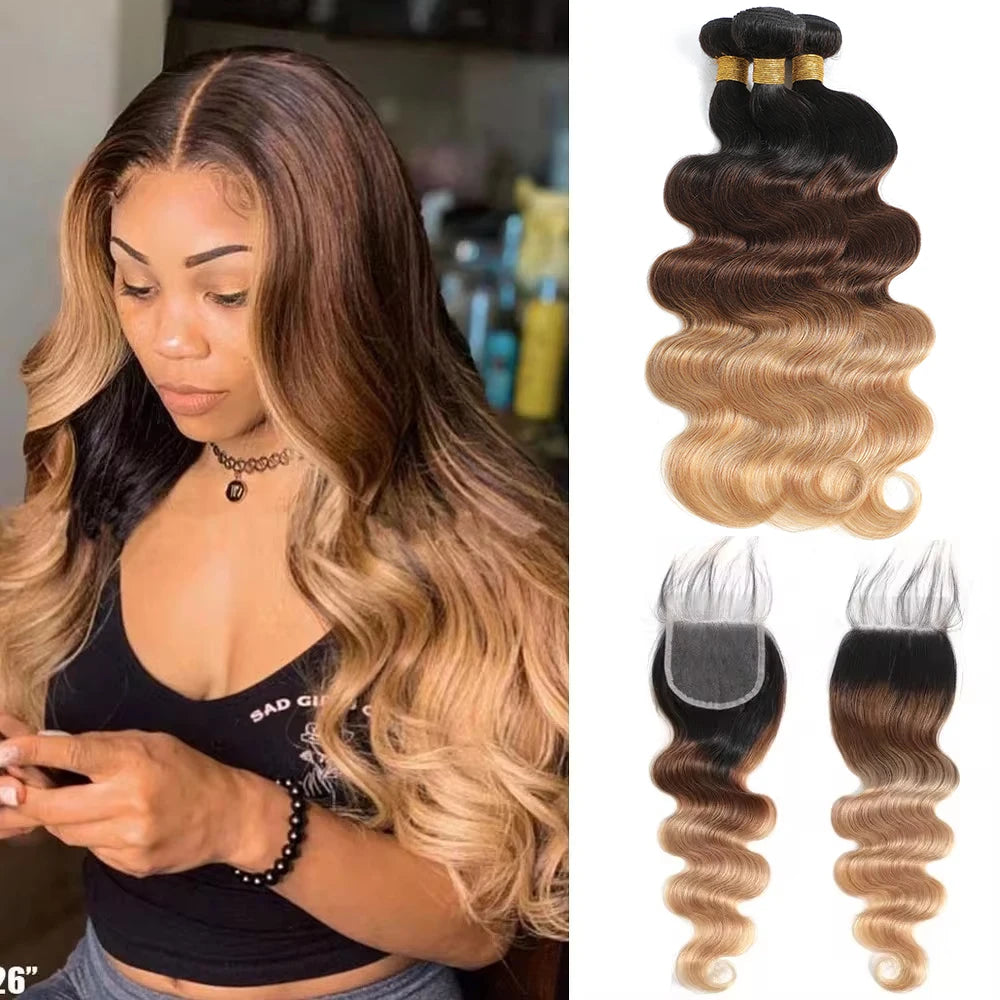 Ombre Color Body Wave Human Hair Bundles with closure Brazilian  human hair 1b/4/27 Hair Weave Bundles human Hair Extension