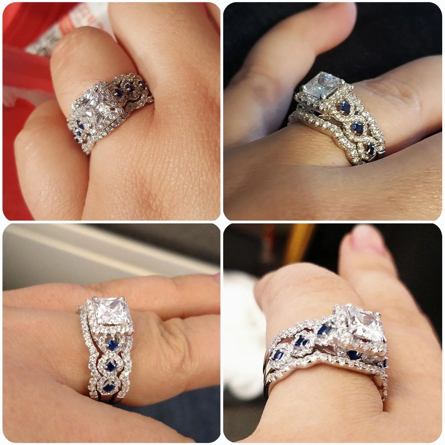 3 Pcs Wedding Rings Set for Women 925 Silver 2.6Ct Princess Cut White Blue AAAAA CZ Luxury Bridal Engagement Jewelry