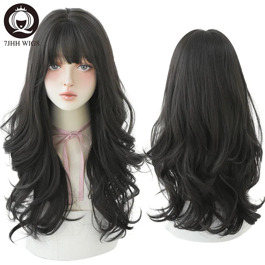 Long Wavy Synthetic Black Wigs For Women With Fringe Fashion Heat Resistant Mid-Length Daily Straight Light Brown Hair