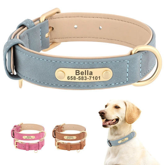 New Soft Padded Personalized PU Leather Dog Collar with Free Engraved ID Tag for Small, Medium and Large Dogs