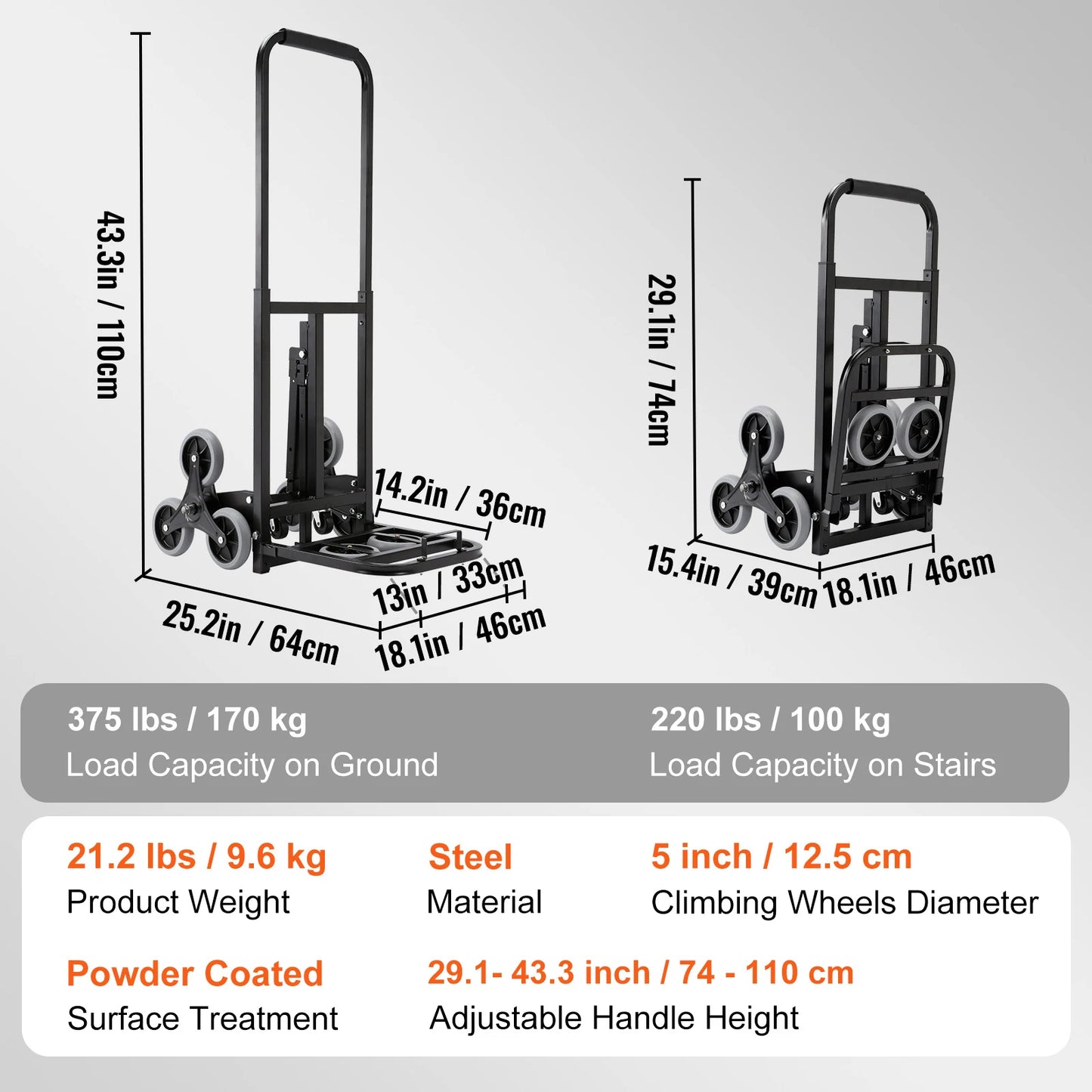 VEVOR 375lbs Stair Climbing Cart Foldable Dolly with Adjustable Handle Hand Truck 10 Wheels All Terrain Cart for Transport Goods