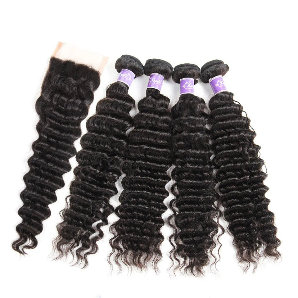 12A Deep Curly Wave Human Hair Bundles With Closure 4x4 13x4 Lace Frontal with Bundle 32 Inch Remy Unprocessed Raw Virgin Hair