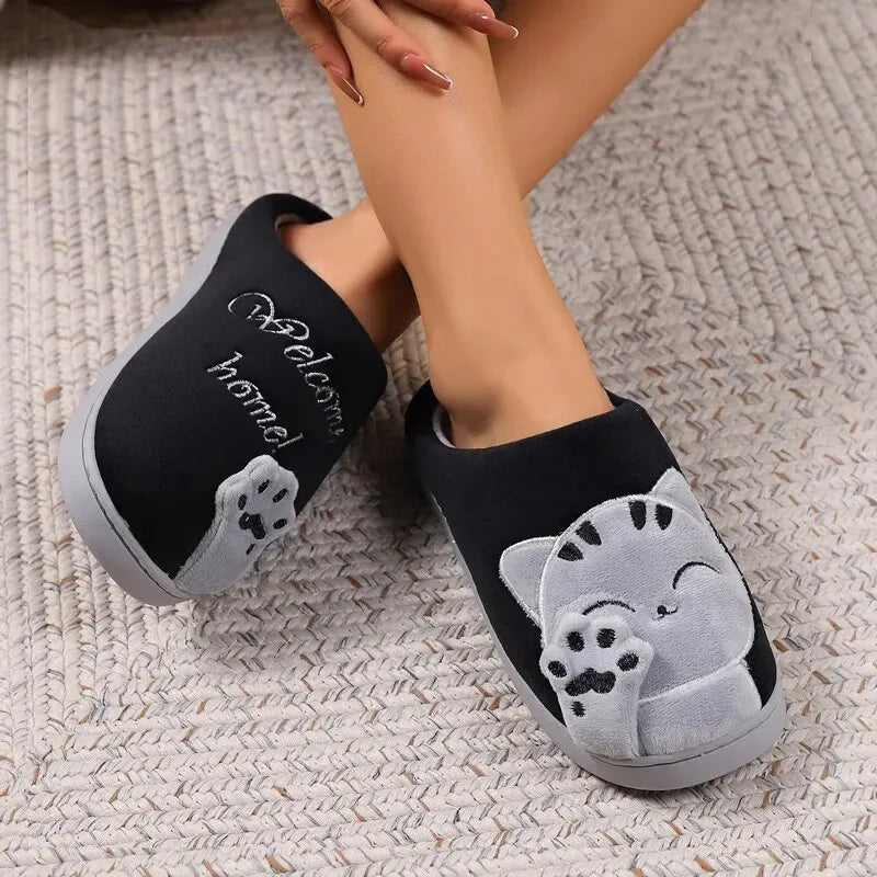 Warm Fur Slippers Cartoon Cat Non-Slip Women Soft House Indoor Home Bedroom Memory Foam Floor Shoes