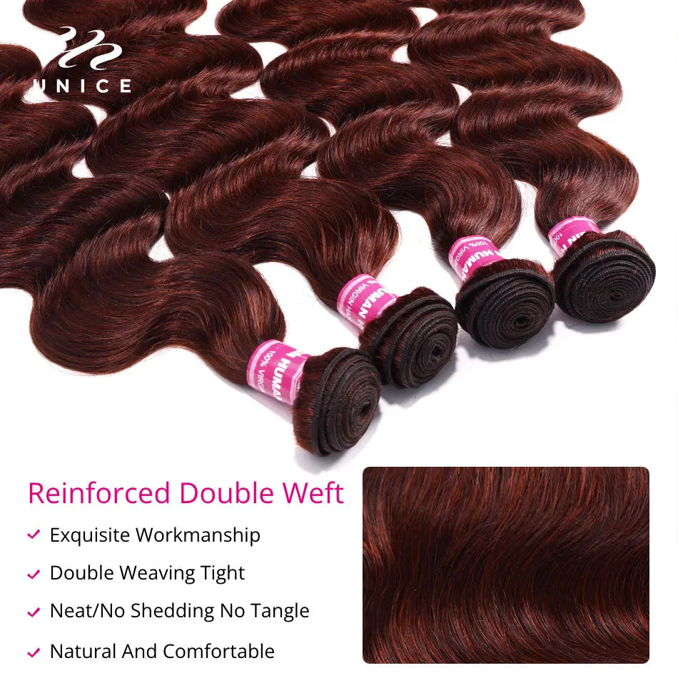 Reddish Brown Body Wave Human Hair Bundles With Closure 100% Human Hair 3/4 Bundles with 4x4 Lace Closure 250% Lace Wig