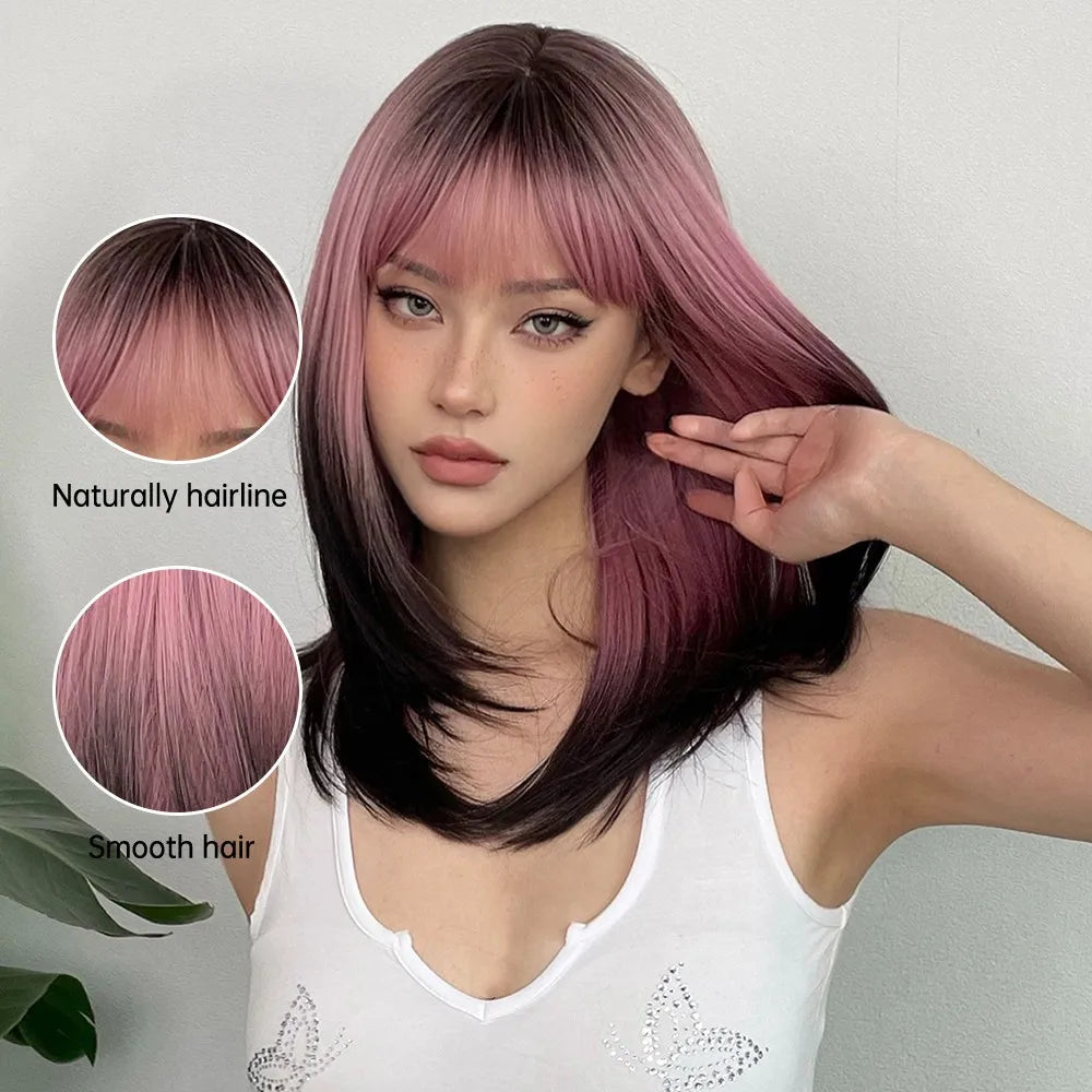 LOUIS FERRE Black Pink Ombre Synthetic Wigs for Cosplay Long Straight Layered Wigs with Bangs for Women Heat Resistant Fake Hair