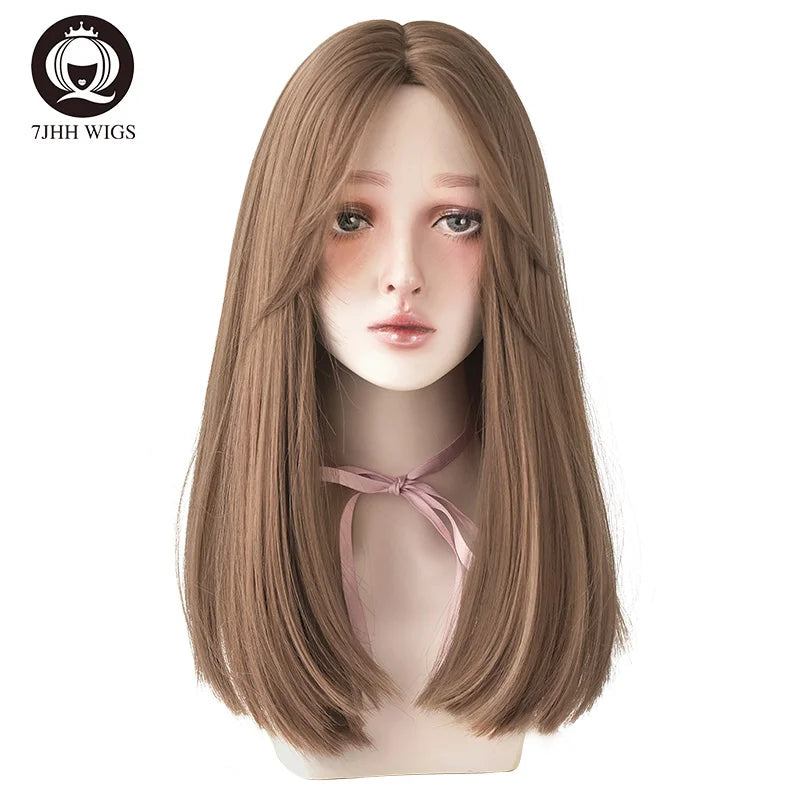 Long Wavy Synthetic Black Wigs For Women With Fringe Fashion Heat Resistant Mid-Length Daily Straight Light Brown Hair