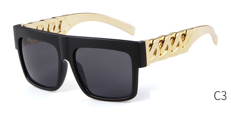 Oversized Sunglasses Men Women Brand Design Flat Top Retro Square Black Sun Glasses Gold Plastic Chain Frame