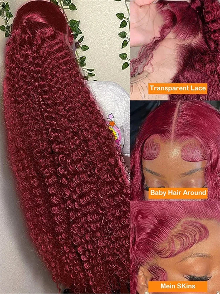 Deep Wave 99J Burgundy 13x4 Lace Frontal Wig 100% Human Hair 13x6 Curly 30 Inch HD Lace Front Wigs Brazilian Red Wine Water Wave