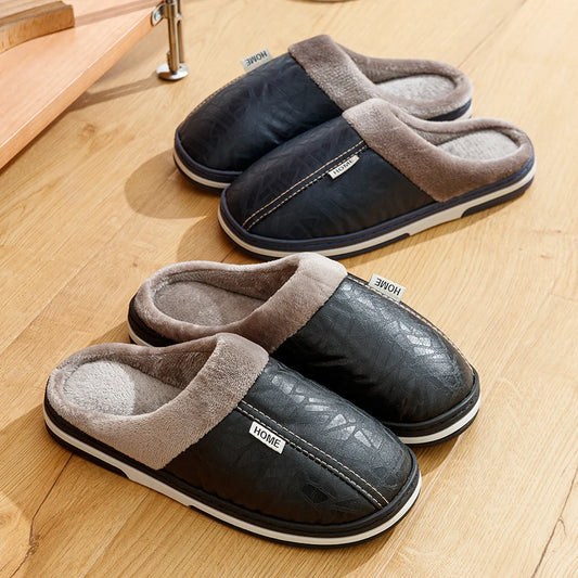 Men's slippers Waterproof PU Leather Cotton shoes Fur Flat Cotton Bedroom House shoes