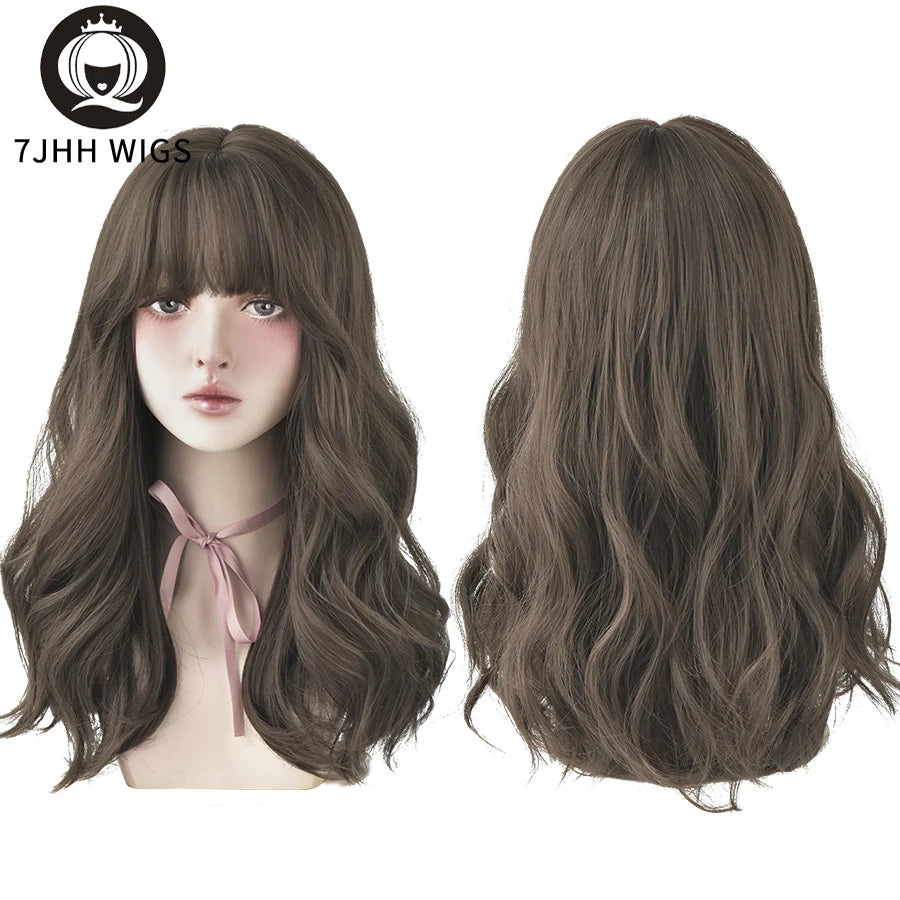 Long Wavy Synthetic Black Wigs For Women With Fringe Fashion Heat Resistant Mid-Length Daily Straight Light Brown Hair