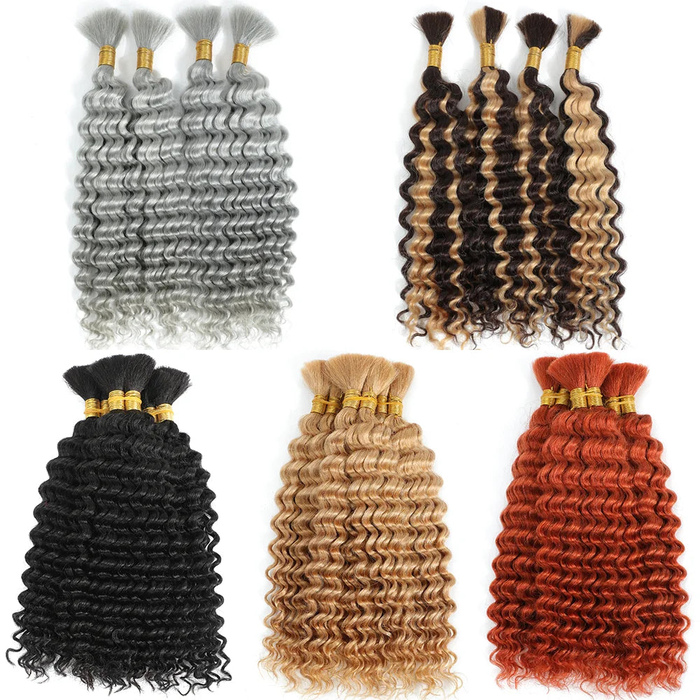 Bulk Human Hair Deep Wave For Braiding Deep Curly No Weft Brazilian Remy Hair Extensions 100 Grams Colored Grey/Ginger/Brown