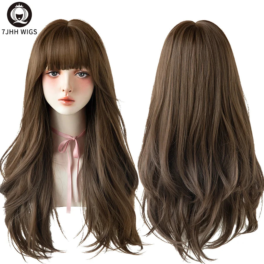 Long Wavy Synthetic Black Wigs For Women With Fringe Fashion Heat Resistant Mid-Length Daily Straight Light Brown Hair