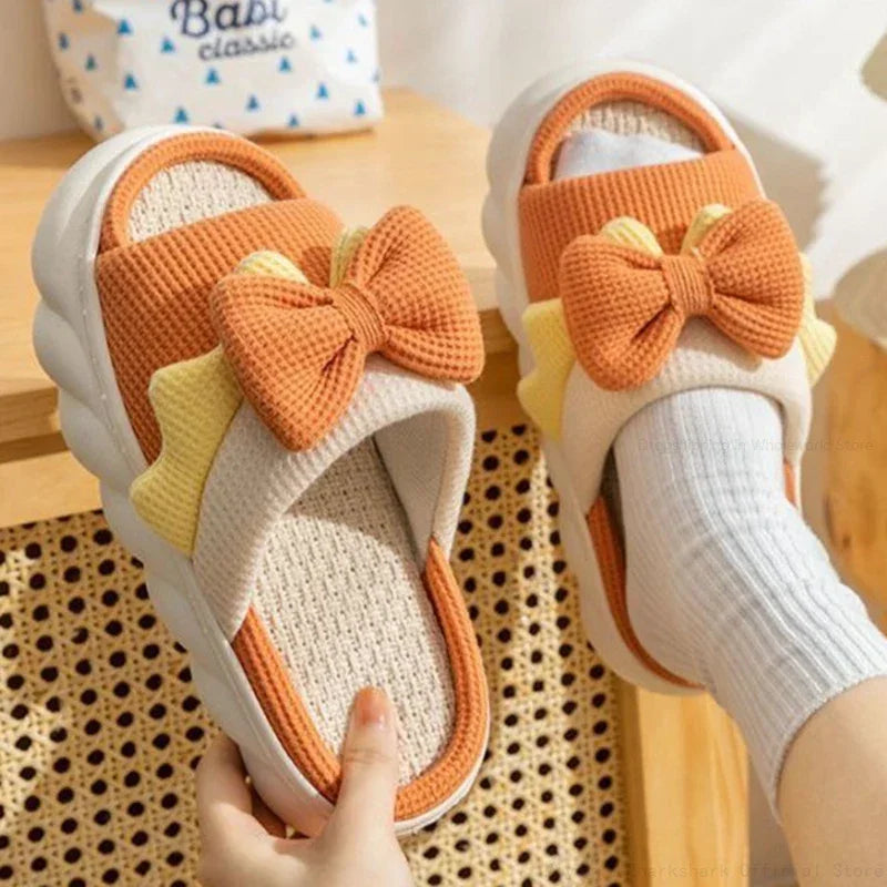 Linen Slippers Women Anti-Slip House Cotton Shoes Cute Bowknot Flat Slipper