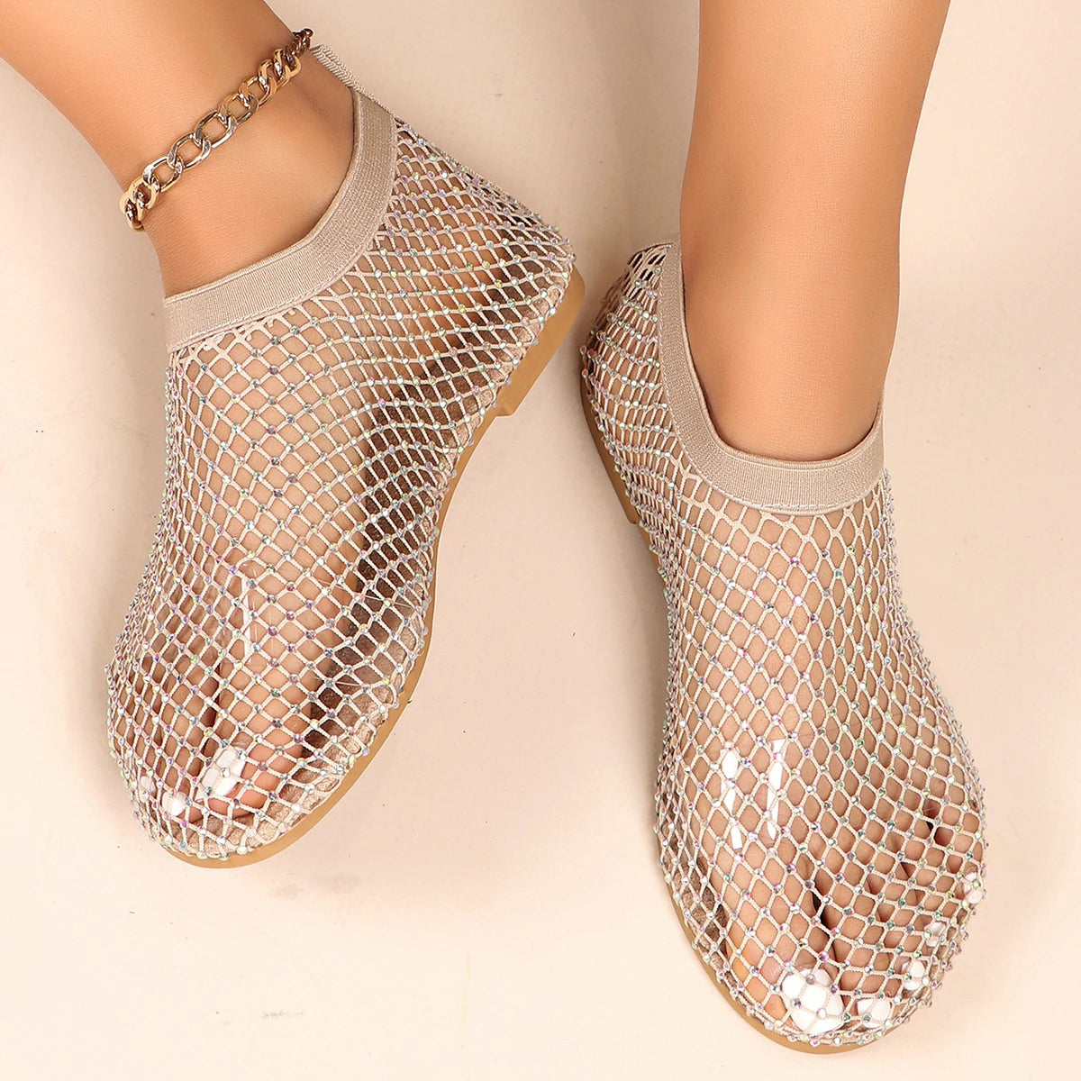 New Women's Luxury Brand Round Toe Flat Bottom Sandals Summer Hollow Short Boots Water Diamond Flat Bottom Shoes for Women