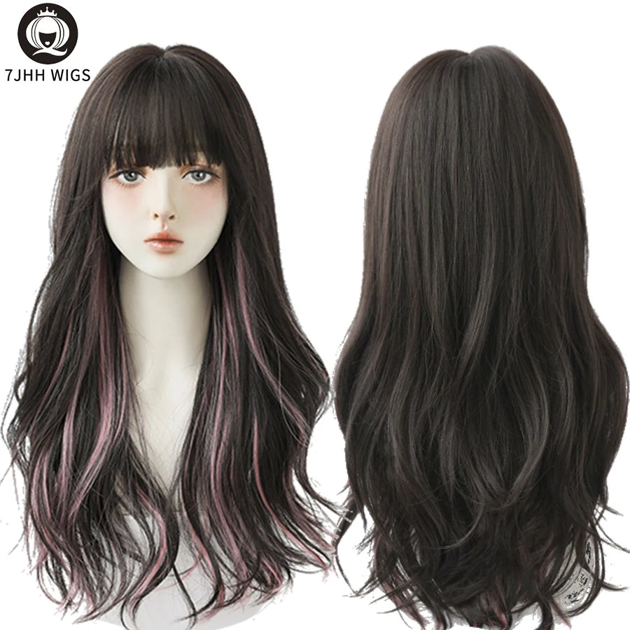 Long Wavy Synthetic Black Wigs For Women With Fringe Fashion Heat Resistant Mid-Length Daily Straight Light Brown Hair