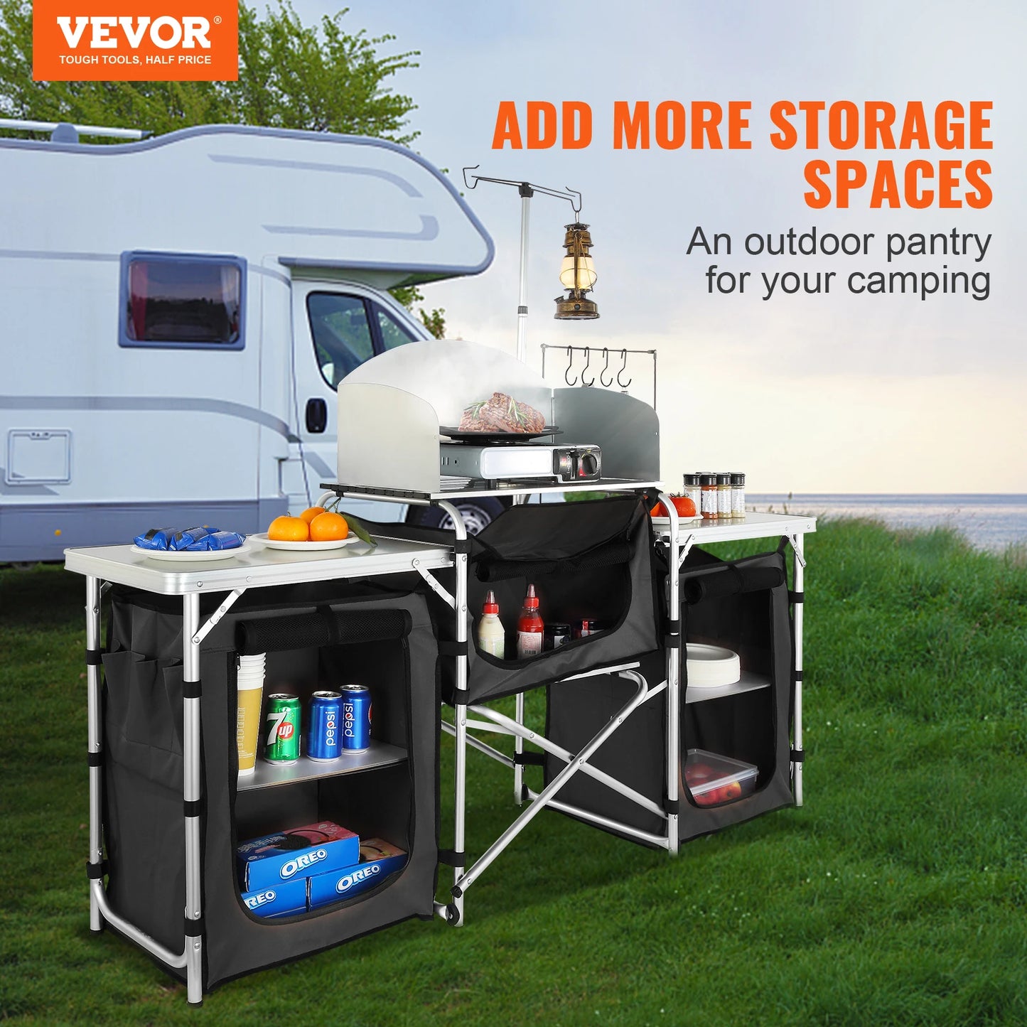 VEVOR Camping Kitchen Table Folding Outdoor Cooking Table with Storage Carrying Bag Aluminum Cook Station for Picnics BBQ RV