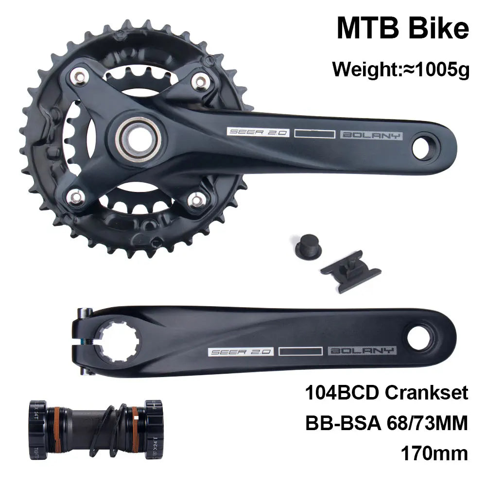 BOLANY Bicycle Crankset 170mm 104BCD Mountain Bike Double Disc Crank with Bottom Bracket 34T 36T 38T Aluminum Alloy Bike Cranks