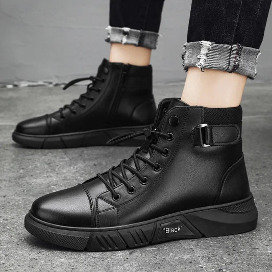 Men's High Top Motorcycle Boots Fashion Black Leather Boots Outdoor Waterproof Platform Boot Men Boots