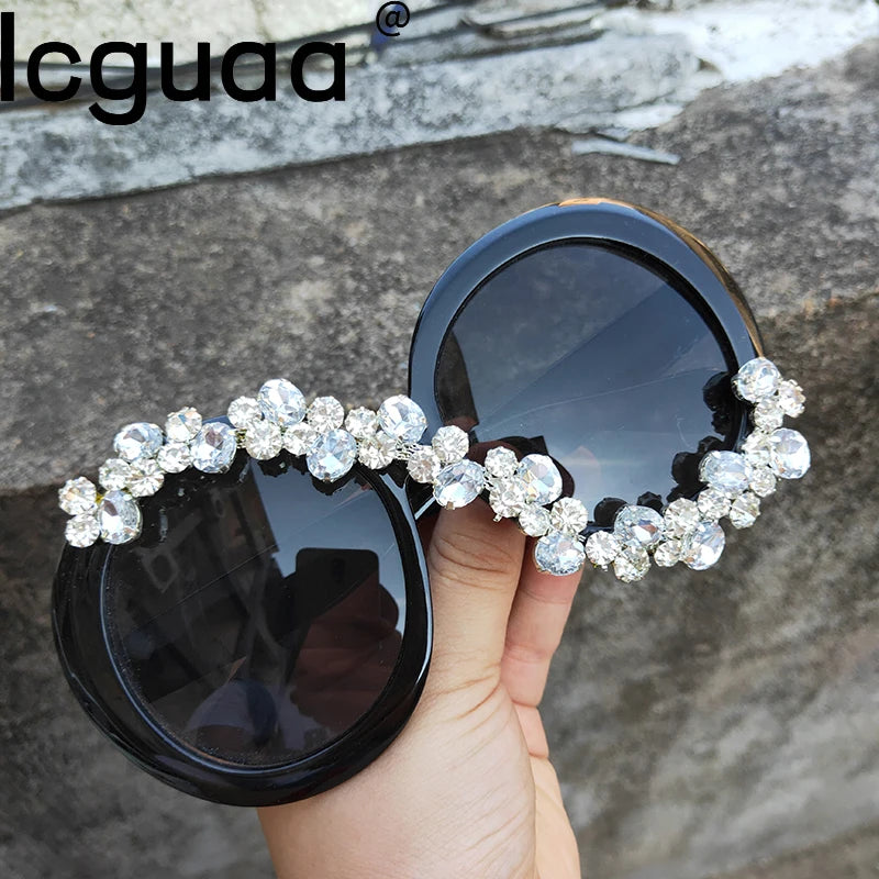 Big Frame Round Sunglasses With Stone Luxury Designer Diamond Sun Glasses