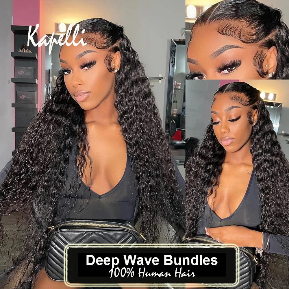 12A Deep Curly Wave Human Hair Bundles With Closure 4x4 13x4 Lace Frontal with Bundle 32 Inch Remy Unprocessed Raw Virgin Hair