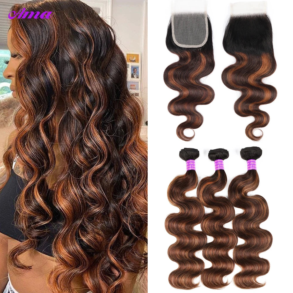 FB 30 Brown Highlight Bundles With Closure Ombred Body Wave Bundles With Closure 1b 4/30 Colored Human Hair Bundles With Closure