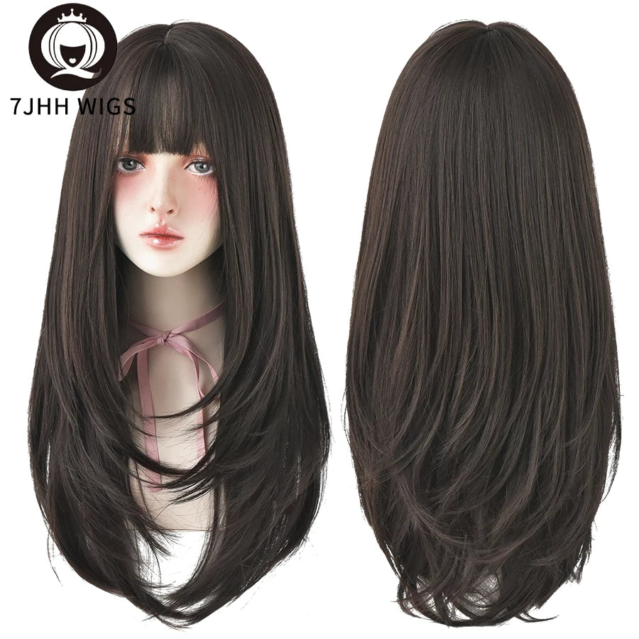 Long Wavy Synthetic Black Wigs For Women With Fringe Fashion Heat Resistant Mid-Length Daily Straight Light Brown Hair