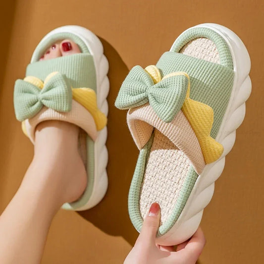 Linen Slippers Women Anti-Slip House Cotton Shoes Cute Bowknot Flat Slipper