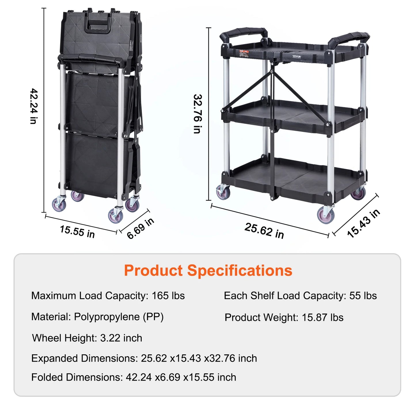 VEVOR 3 Tier Folding Rolling Utility Cart Storage Shelf Movable Gap Rack Serving Cart Slim Slide Organizer for Kitchen Bathroom